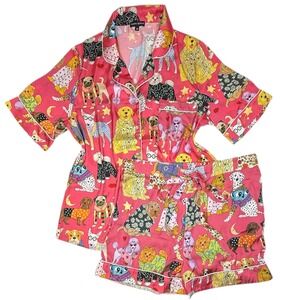 KAREN MABON Fashion Dogs Pink Satin Pajama Set Short Sleeve PJs Size Medium